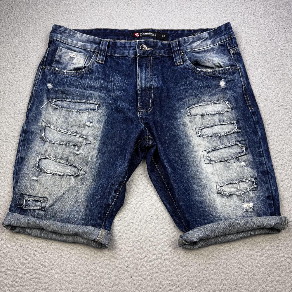 Southpole Shorts Mens 36 Blue Distressed Denim Ripped Jean Relaxed Fit Urban